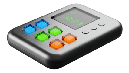 Sleek metallic digital security device with colorful buttons isolated on a white background.