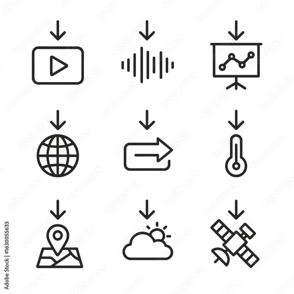 Poster data icons set. outline icon set of downlink data types: video stream, audio signal, telemetry data,