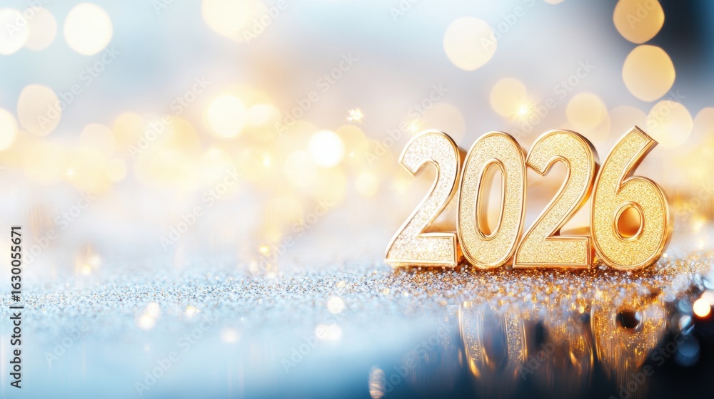Poster golden 2026 numbers on a sparkling surface with festive lights in the background