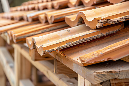 Stack of roof tiles on wooden rafters during roofing