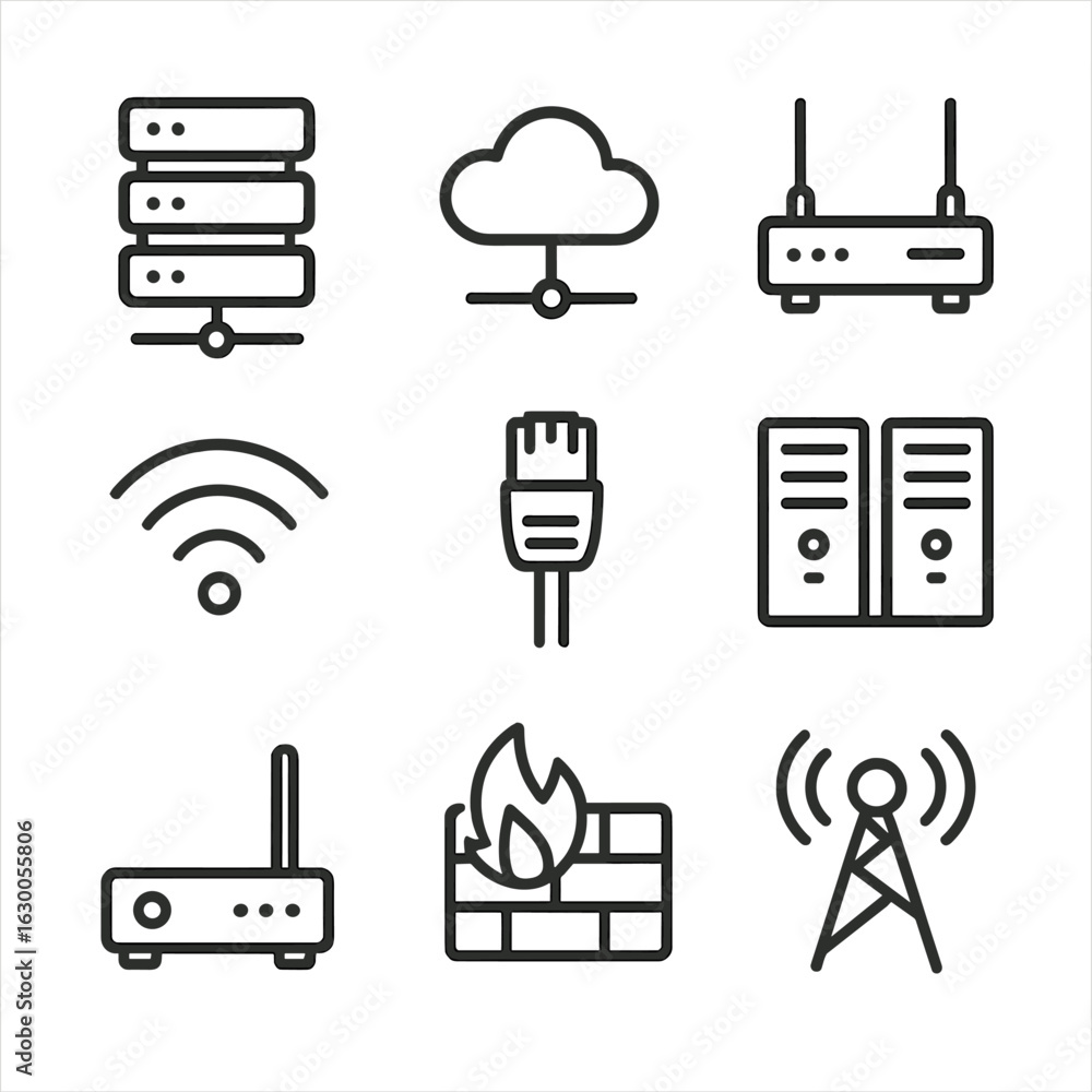Poster data network icons. outline icon set of data network: server, cloud, router, wi-fi, ethernet cable, 