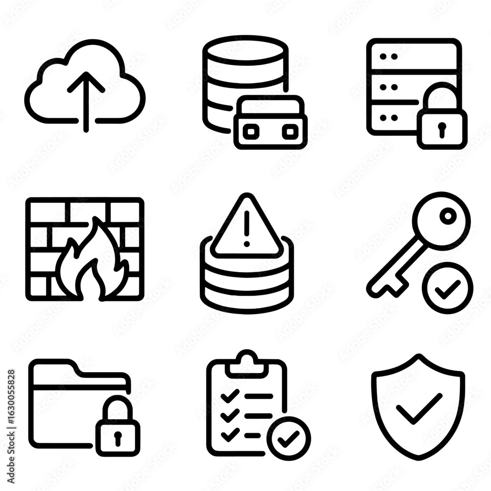 Poster data protection icons. outline icon set of data protection: cloud backup, data mask, secure server, 