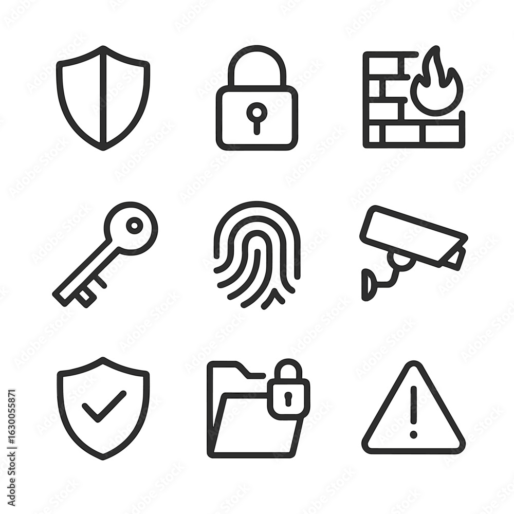Poster data security icons. outline icon set of data security: shield, padlock, firewall, encryption key, f