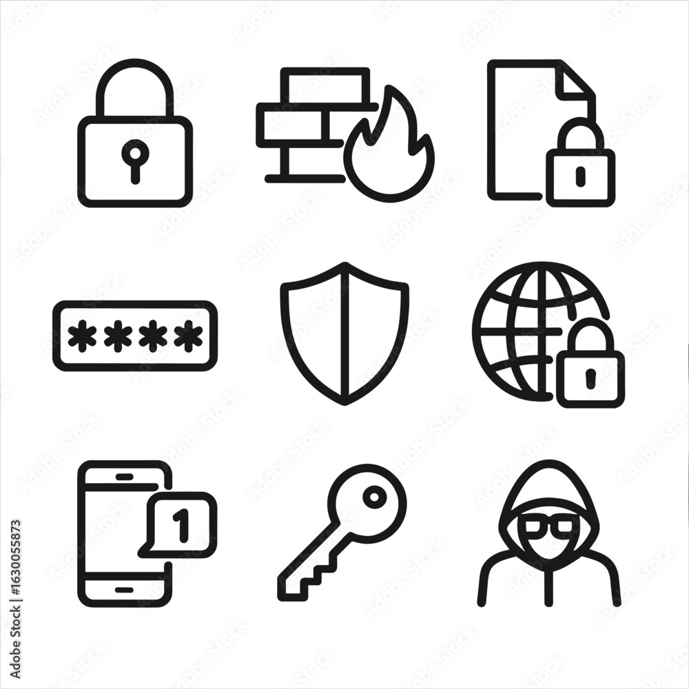 Poster data security icons. outline icon set of data security: lock, firewall, encryption, password, shield