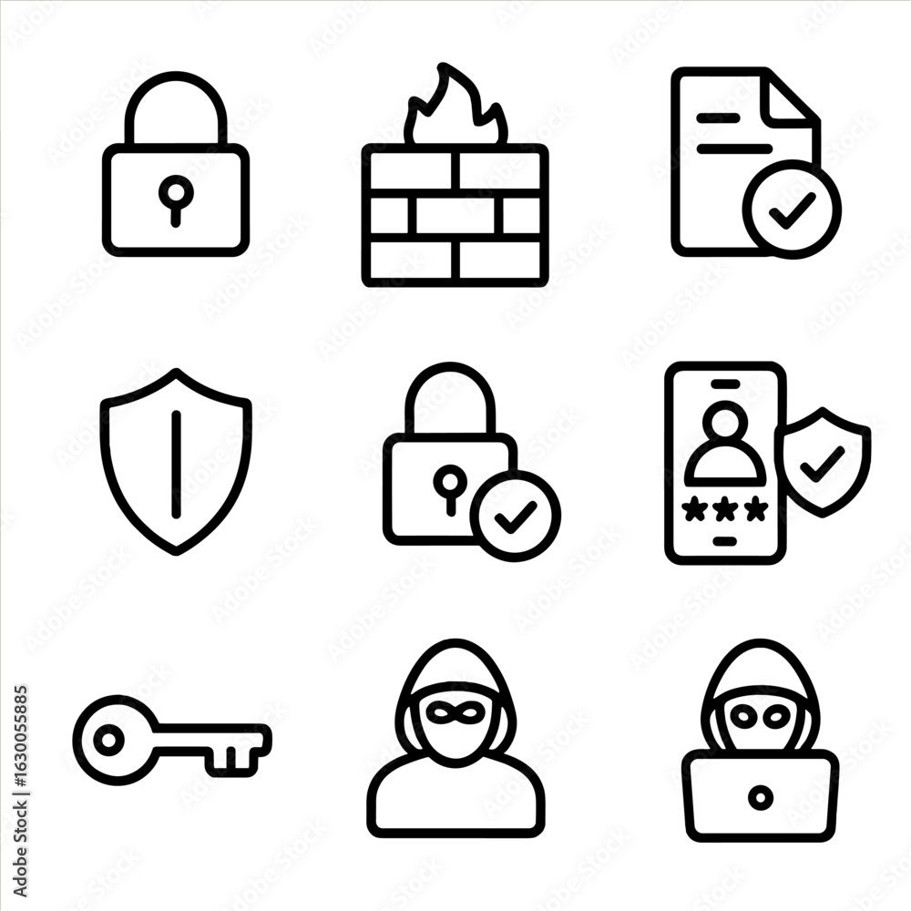 Poster data security icons. outline icon set of data security: lock, firewall, encryption, password, shield