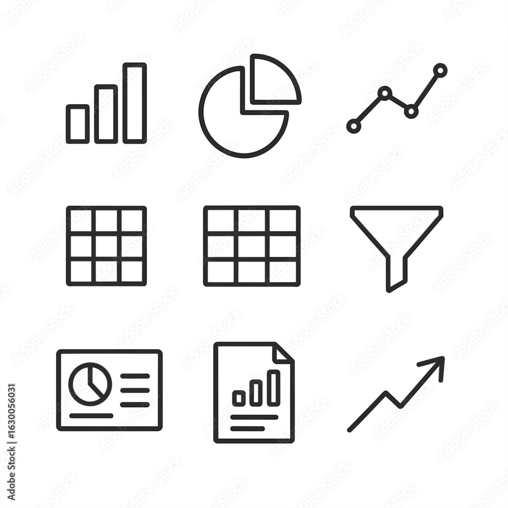 Poster data visualization icons. outline icon set of interface data visualization: chart bar, pie chart, li