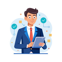 Modern businessman using digital tablet for data analysis, remote work, and communication in corporate technology environment vector illustration