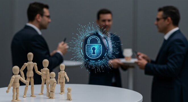 Business professionals discuss data security and protection with a digital lock icon and wooden figures representing a team.