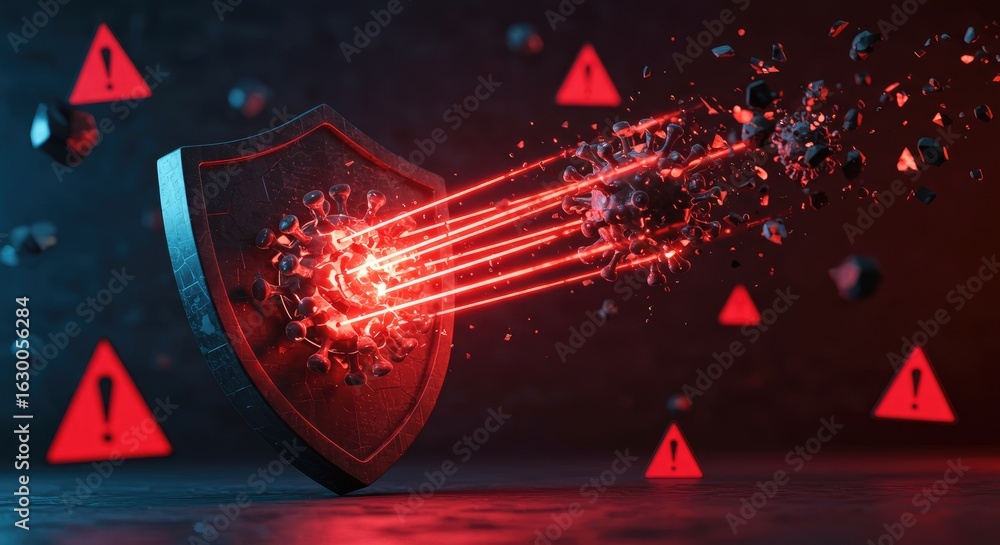 Poster red laser beams attacking a metallic shield abstract concept of security and technology