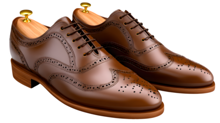 Pair of men? brogues with wooden shoe trees inside, front and side view, transparent background,