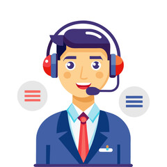 Professional Businessman Using AI Translation Headset for Global Communication and Multilingual Meetings in Modern Office Vector Illustration
