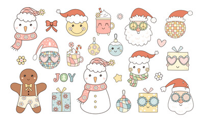 Fototapeta premium Retro Christmas clipart set with cute Santa, snowman, gifts and ornaments. Holiday seasonal objects in cartoon vector style.