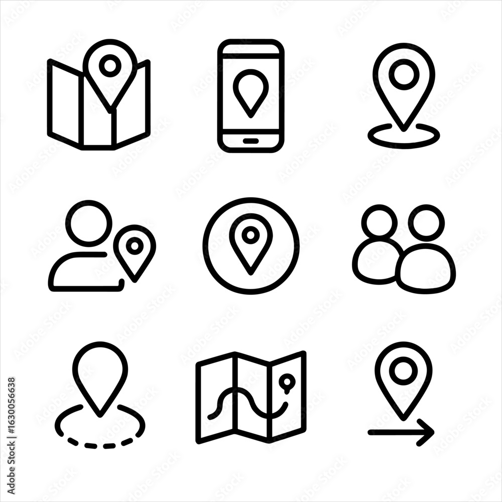 Poster geolocation icon set. outline icon set of geolocation services: map app, tracking, geotagging, locat
