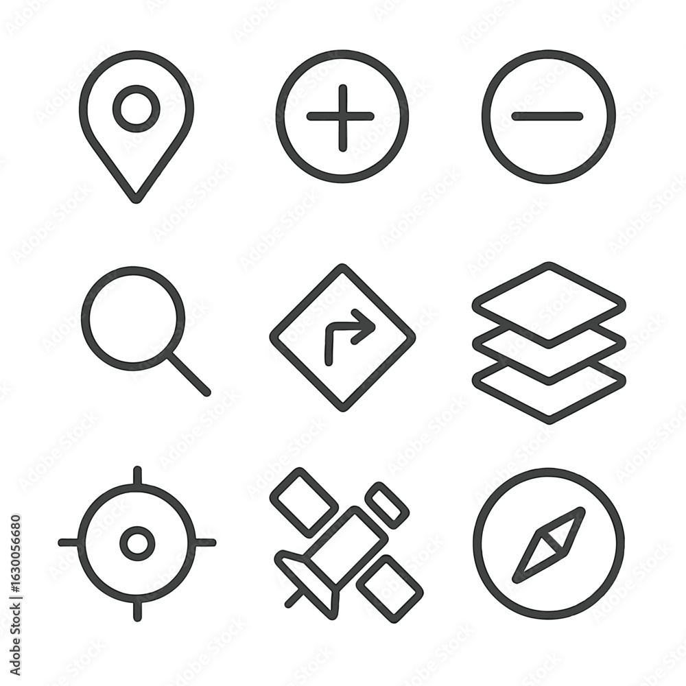 Aufkleber geolocation ui icons. outline icon set of geolocation user interface: map pin, zoom in, zoom out, se