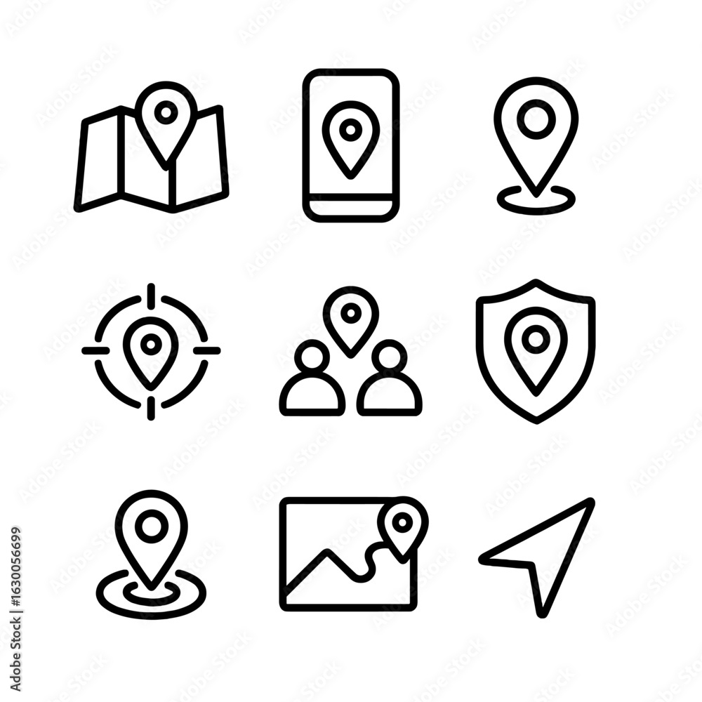 Poster geolocation icon set. outline icon set of geolocation services: map app, tracking, geotagging, locat
