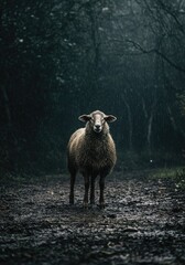 Fototapeta premium A sheep stands drenched in the rain, staring at the viewer, enveloped by a misty, fog-laden forest—cinematic, atmospheric, and melancholic