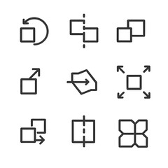 Geometric Transformation Icons. Outline icon set of geometric transformations: rotation, reflection, translation, scaling, shear,