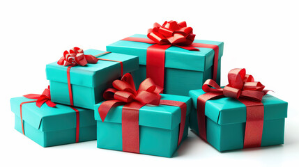 Obraz premium Turquoise gift boxes with red ribbons and bows arranged on a white background, creating a vibrant and festive holiday or celebration display.