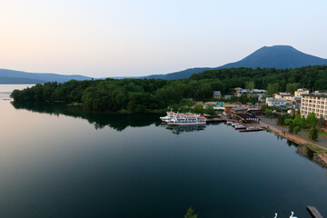 Tranquil Lakeside View of Lake Akan with Mount Oakan in Hokkaido, Japan
