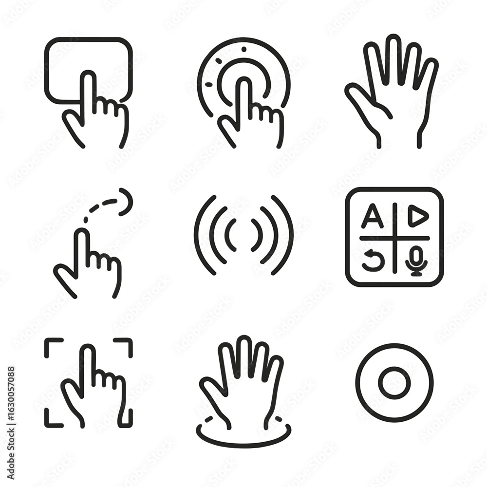 Poster gesture control icons. outline icon set of gesture control ui elements: gesture pad, control wheel, 
