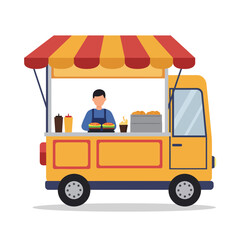 Illustration of a yellow food truck with a red and yellow awning, isolated on white background