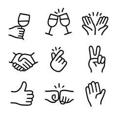 Fototapeta premium Gesture Icon Set. Outline icon set of clinking gestures: hand holding glass, cheers sign, clapping hands, handshake, finger snap,