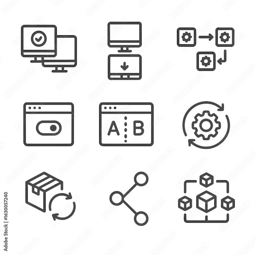 Poster software deployment icons. outline icon set of software deployment strategies: blue-green deployment