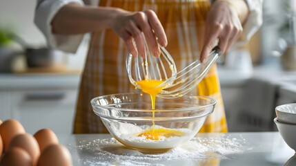 Woman in a kitchen cracking eggs into a bowl while preparing a baking mixture with flour