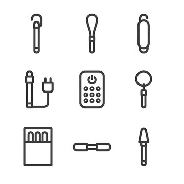 Glowstick Accessories Icons. Outline icon set of glowstick accessories: holder clip, lanyard, glowstick case, charger, remote