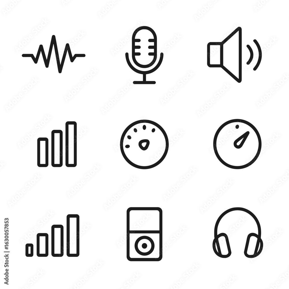 Poster sound icon grid. outline icon set of sound pulse: audio waveform, microphone, speaker cone, equalize