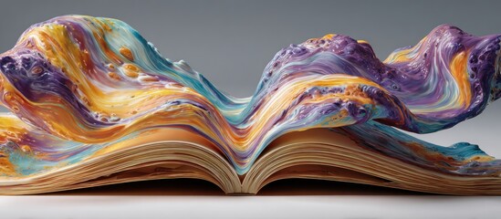 Open book with abstract waves of colorful paint flowing over its pages