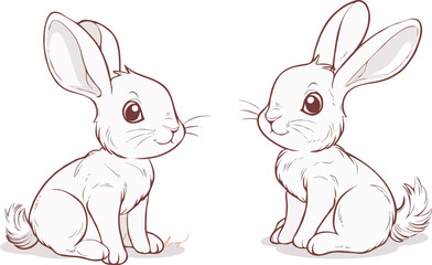 Adorable White Rabbits Playfully Gaze at Each Other a Delightful Depiction of Innocent Joy and Gentle Interaction in a Charming Sketch