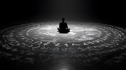 Individual sitting cross-legged inside a circle of symbols and philosophical texts, soft glow around them, meditative and introspective mood 