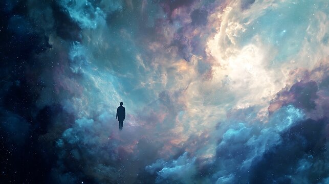 Human silhouette floating among abstract galaxies and cosmic shapes, representing the existential search for meaning beyond the physical world 