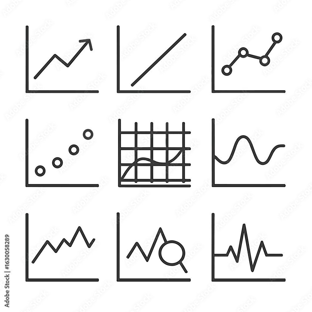 Poster line graph icon set. outline icon set of line graphs and charts: line graph, trend line, axis lines,