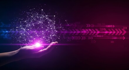 Hand Holding Glowing Purple Network Connection with Digital Arrows