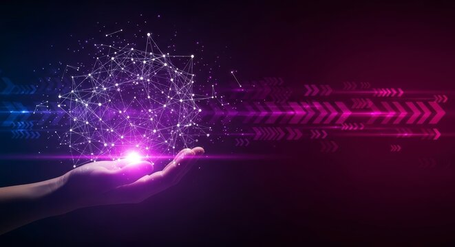 Hand Holding Glowing Purple Network Connection with Digital Arrows