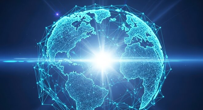 Connected Globe with Blue Network and Bright Center, Global Technology Concept - Powered by Adobe