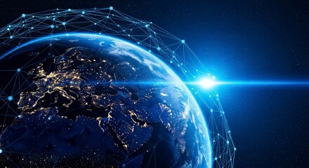 Blue Earth Globe with Network Overlay in Dark Space