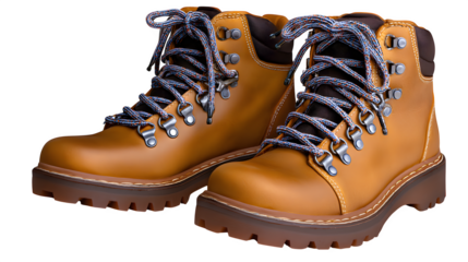 Pair of rugged men? hiking boots in tan leather, side and 3/4 views, isolated on white,