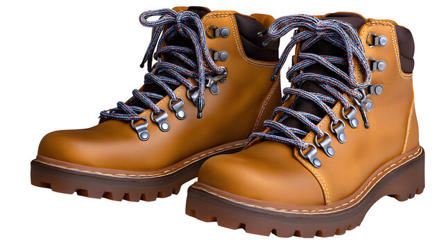 Pair of rugged men? hiking boots in tan leather, side and 3/4 views, isolated on white,