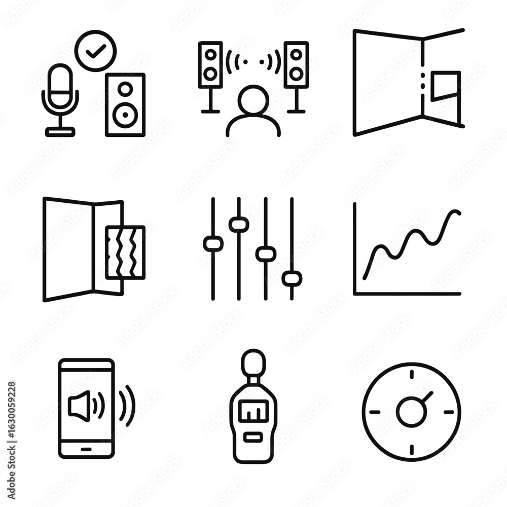 Poster spatial audio icon set. outline icon set of spatial audio calibration: microphone calibration, speak