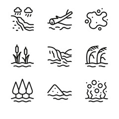 Fototapeta premium Deluge Effects Icons. Outline icon set of deluge environmental effects: soil erosion, fallen tree, mud puddle, swamp, riverbank