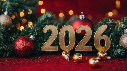 Gold numbers representing the year 2026 among Christmas decorations