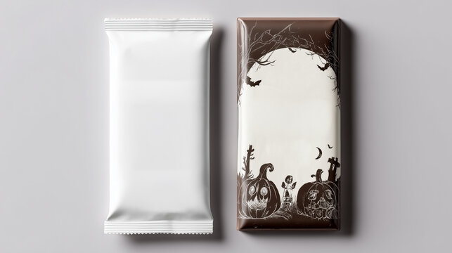 Mockup of white plain chocolate bar wrapper in Halloween theme background. Product advertising template in minimal style with copy space for Text. White and brown color tone.