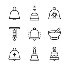 Spiritual Bells Icon Set. Outline icon set of spiritual bells: meditation bell, Tibetan bell, chakra bell, zen chime, energy bell,