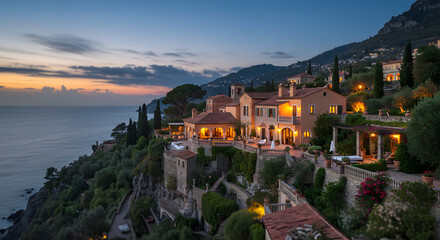 Luxury villa ocean view estate home mediterranean architecture real estate at dusk twilight vacation travel