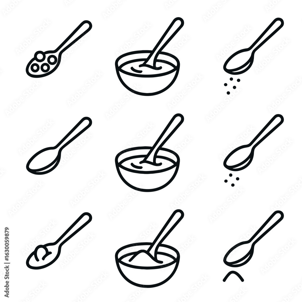Poster spoon action icons. outline icon set of tablespoon in action: scooping cereal, stirring soup, adding