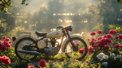 Vintage Motorcycle in a Sunlit Garden with Peonies