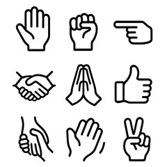 Hand Gesture Icons. Outline icon set of hands: open hand, closed fist, pointing finger, handshake, praying hands, thumbs up, hand